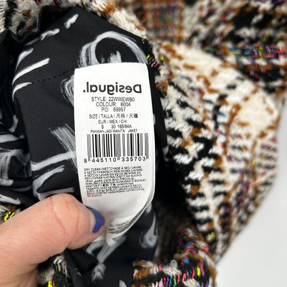 DESIGUAL Cream Black Neon Colorful Plaid Tweed Oversized Heavy Duke Coat Small - Picture 7 of 12